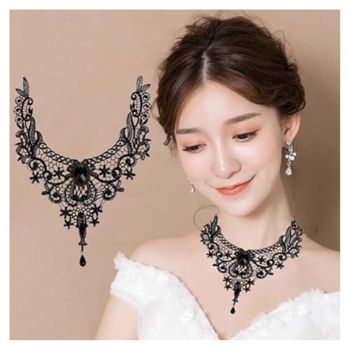 AMateschitz Gotisch Choker Halskette Gothic Spitze Ketten mit Vintage Rose Punk Lace Kropfband Quaste Halsband Schmuck Steampunk Strass Kragen für Halloween Cosplay Schwarz Anhänger 30CM von AMateschitz