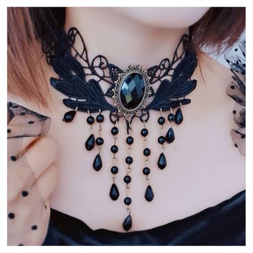 AMateschitz Gotisch Choker Halskette Gothic Spitze Ketten mit Vintage Rose Punk Lace Kropfband Quaste Halsband Schmuck Steampunk Strass Kragen für Halloween Cosplay Schwarz Edelstein 30CM von AMateschitz