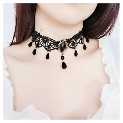 AMateschitz Gotisch Choker Halskette Gothic Spitze Ketten mit Vintage Rose Punk Lace Kropfband Quaste Halsband Schmuck Steampunk Strass Kragen für Halloween Cosplay Schwarz Edelstein-Anhänger 30CM von AMateschitz