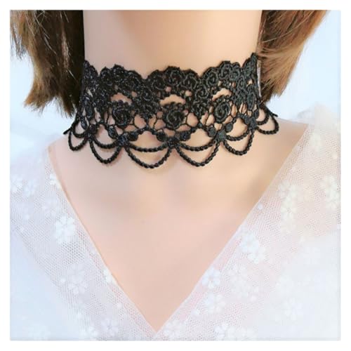 AMateschitz Gotisch Choker Halskette Gothic Spitze Ketten mit Vintage Rose Punk Lace Kropfband Quaste Halsband Schmuck Steampunk Strass Kragen für Halloween Cosplay Schwarz Mesh 30CM von AMateschitz