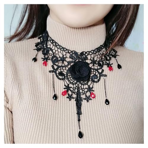 AMateschitz Gotisch Choker Halskette Gothic Spitze Ketten mit Vintage Rose Punk Lace Kropfband Quaste Halsband Schmuck Steampunk Strass Kragen für Halloween Cosplay Schwarz Rose 30CM von AMateschitz