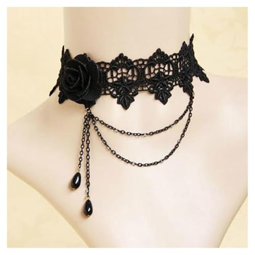 AMateschitz Gotisch Choker Halskette Gothic Spitze Ketten mit Vintage Rose Punk Lace Kropfband Quaste Halsband Schmuck Steampunk Strass Kragen für Halloween Cosplay Schwarz Rose-Schwarz Anhänger 30CM von AMateschitz