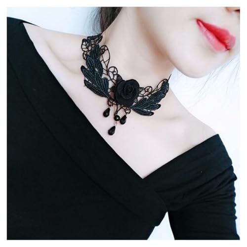 AMateschitz Gotisch Choker Halskette Gothic Spitze Ketten mit Vintage Rose Punk Lace Kropfband Quaste Halsband Schmuck Steampunk Strass Kragen für Halloween Cosplay Schwarz Rose-Schwarz Feder 30CM von AMateschitz