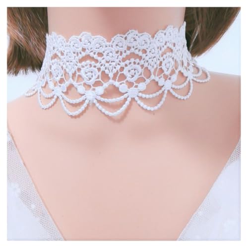 AMateschitz Gotisch Choker Halskette Gothic Spitze Ketten mit Vintage Rose Punk Lace Kropfband Quaste Halsband Schmuck Steampunk Strass Kragen für Halloween Cosplay Weiß Mesh 30CM von AMateschitz