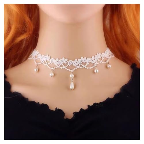 AMateschitz Gotisch Choker Halskette Gothic Spitze Ketten mit Vintage Rose Punk Lace Kropfband Quaste Halsband Schmuck Steampunk Strass Kragen für Halloween Cosplay Weiß Perle 30CM von AMateschitz