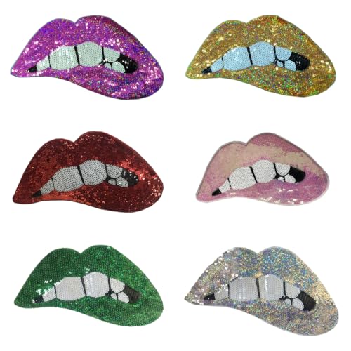 AMateschitz Große Lippen Aufnäher Gestickte Pailletten Lippen Stickerei Mundflecken mit Pailletten Aufbügeln Patche auf Lippen Punk Bestickte Flicken für Kleidung Jeans T-Shirt DIY 6 Farben 14 * 28CM von AMateschitz