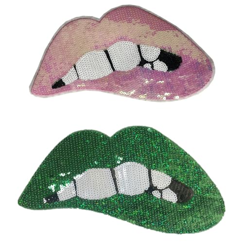 AMateschitz Große Lippen Aufnäher Gestickte Pailletten Lippen Stickerei Mundflecken mit Pailletten Aufbügeln Patche auf Lippen Punk Bestickte Flicken für Kleidung Jeans T-Shirt DIY Rosa+Grün 14*28CM von AMateschitz