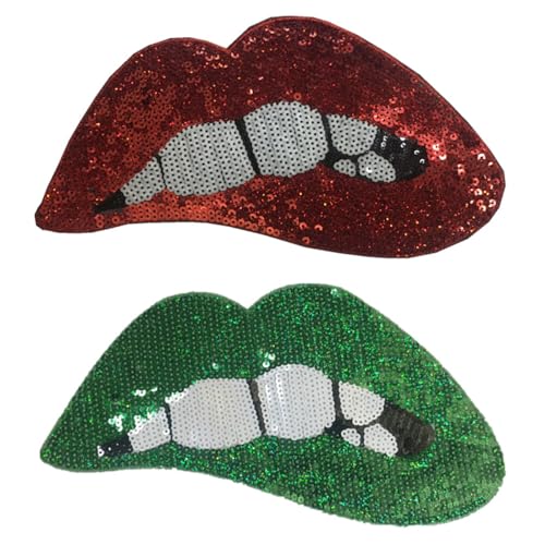 AMateschitz Große Lippen Aufnäher Gestickte Pailletten Lippen Stickerei Mundflecken mit Pailletten Aufbügeln Patche auf Lippen Punk Bestickte Flicken für Kleidung Jeans T-Shirt DIY Rot+Grün 14 * 28CM von AMateschitz