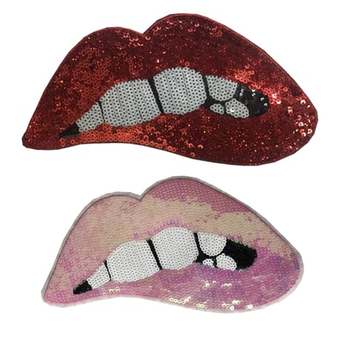 AMateschitz Große Lippen Aufnäher Gestickte Pailletten Lippen Stickerei Mundflecken mit Pailletten Aufbügeln Patche auf Lippen Punk Bestickte Flicken für Kleidung Jeans T-Shirt DIY Rot+Rosa 14 * 28CM von AMateschitz