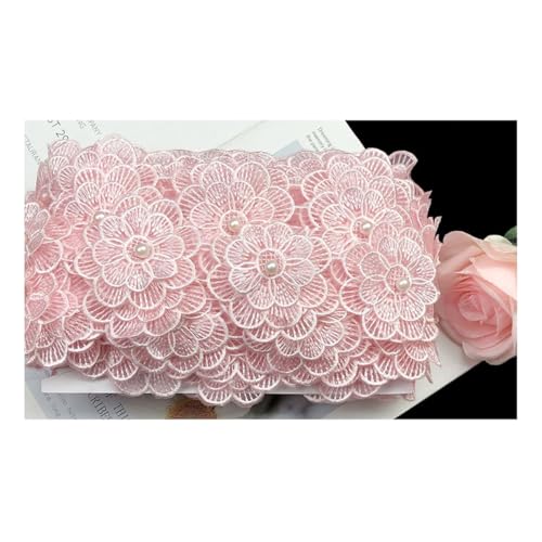 AMateschitz Spitzenband mit 3D Blumenverzierung Doppellagige Blumen Applikation Perlen Floral Bestickt Spitze Trim Stickerei Blüte Spitzenborte Mit Strass für Nähen Kostüm Hut, 7CM Breit Rosa 10 Yard von AMateschitz