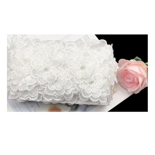 AMateschitz Spitzenband mit 3D Blumenverzierung Doppellagige Blumen Applikation Perlen Floral Bestickt Spitze Trim Stickerei Blüte Spitzenborte Mit Strass für Nähen Kostüm Hut, 7CM Breit Weiß 10 Yard von AMateschitz