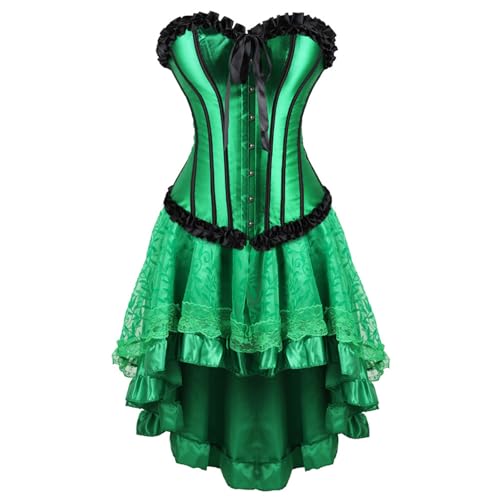 AMhomely 2-teiliges Gothic-Kostüm, Renaissance-Kostüm, Damen, Überbrust mit Rock, elegantes Party-Korsettkleid, Bustier-Tops mit Röcken, hoch-niedrig, Netzstoff, Halloween-Outfit, Ausgehen, Grün, S von AMhomely