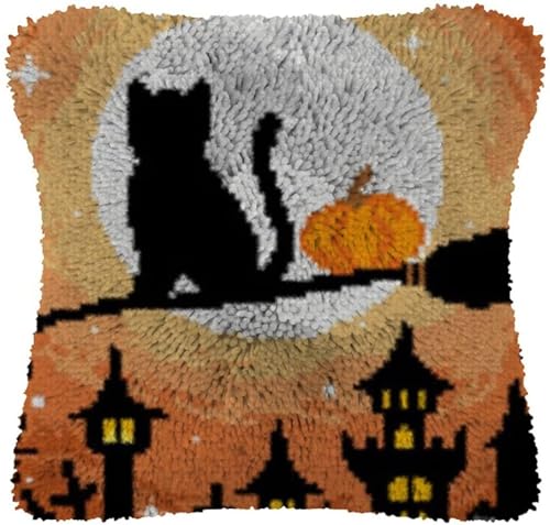 ANALTIRCE Halloween-Knüpf-Kits, Kissen – Knotenkissen-Paket, Knüpf-Set, Kissen-Kissenbezug-Set Für Handarbeiten, Diy-Halloween-Balck-Katze-Kürbis-Muster, Wie Abgebildet, 17 X 17 Zoll/43 X 43 Cm von ANALTIRCE