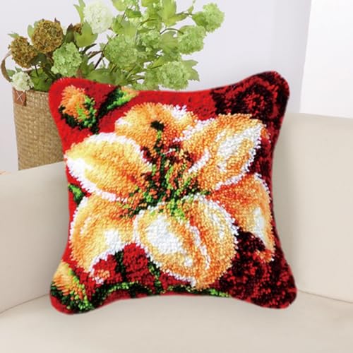 Knüpfkissen-Sets – Kissenbezug Mit Orangefarbenen Blumen Und Herzen, Zum Häkeln, Hobby, Basteln, Diy-Garn Für Stickerei, Kissenbezug, Zuhause, Sofa, Bett, Kissen, Weihnachtsdekoration, Wie Abgeb von ANALTIRCE