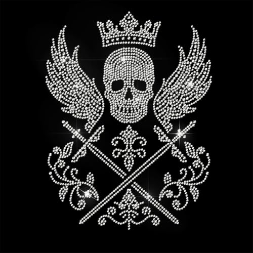 ANATTASOUL Totenkopf mit Schwertern zum Aufbügeln mit Strasssteinen, Wärmeübertragungsflügel, Kristall, Festival-Dekoration, Bling Patch, Kleidung, Reparatur, Hotfix-Applikation für T-Shirts, Westen, von ANATTASOUL