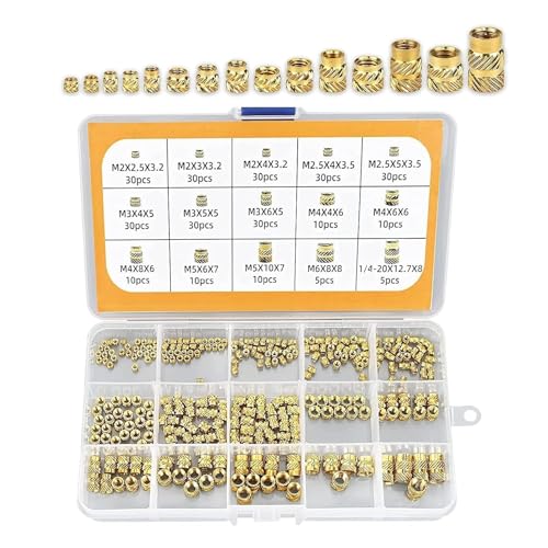 ANBOO 300 Stück Gewindeeinsätze,Einpressmuttern,M2 M3 M4 M5 M6,Einschmelzgewinde,für Kunststoffteile,mit Sortierbox,Einpressmutter Messing Gewindebuchsen Innengewinde Rändelmuttern von ANBOO