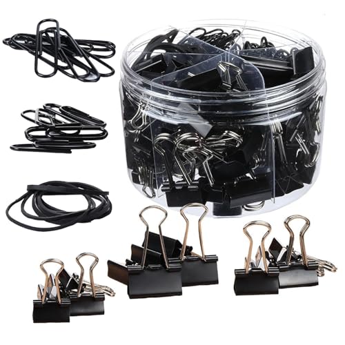 ANBOO 240 Stück Doppelclips, schwarze Büroklammern, 28 mm, 50 mm, Dokumentenklammern, Binder Clips, Zeichenzange 25 mm, 19 mm, 15 mm, Bürobedarf, mit Box von ANBOO