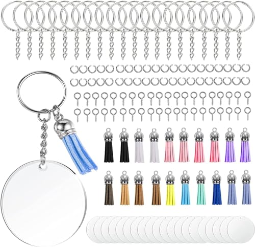 ANBOWEI Acryl Schlüsselanhänger Rohlinge Set, mit Acryl Transparent Kreis, Schlüsselring mit Kette, Quasten Anhänger Leder, Biegeringe und Screw Eyes für DIY Basteln - 140 Stück von ANBOWEI