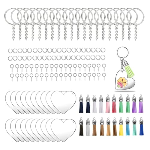 ANBOWEI Acryl-Schlüsselanhänger Rohlinge Set 140 Stück mit Herzförmige Acryl Anhänger Blanko, Quasten, Schlüsselring mit Kette, Biegeringe und Screw Eyes für DIY Basteln von ANBOWEI