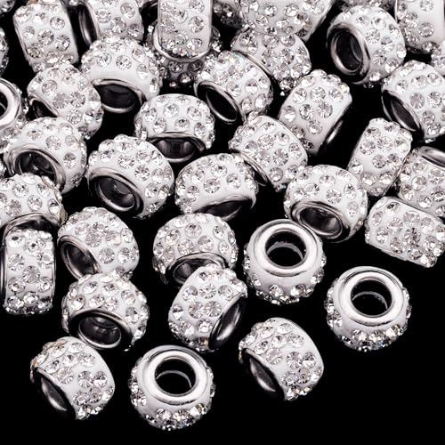 ANCIRS 30 Stück 12 mm große Loch Strass europäische Perlen, großes Loch Rondelle Spacer Perlen, Diamant-Haarperlen für europäische Armbänder, Schlangenkette, Charm-Armband (weiß) von ANCIRS