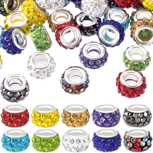 ANCIRS 30 Stück 12 mm große Loch Strass europäische Perlen, großes Loch Rondelle Spacer Perlen, Diamant-Haarperlen für europäische Armbänder, Schlangenketten, Charm-Armband (10 Farben) von ANCIRS