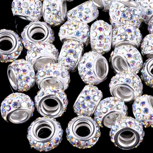 ANCIRS 30 Stück 12 mm große Loch Strass europäische Perlen, großes Loch Rondelle Spacer Perlen, Diamant-Haarperlen für europäische Armbänder, Schlangenketten, Charm-Armband (AB-Farbe) von ANCIRS