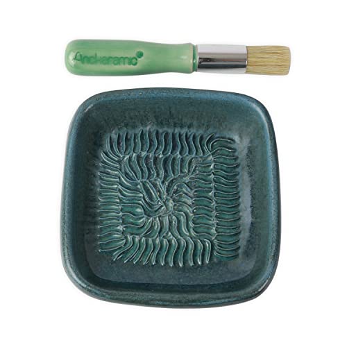 ANCKERAMIC® Ceramico Keramikreibe & Backpinsel Set - Keramik Knoblauchreibe, Ingwerreibe & Küchenpinsel Naturborsten, handgefertigt (Farbe) (Cadet/Grün) von ANCKERAMIC