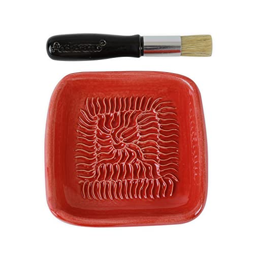 ANCKERAMIC® Ceramico Keramikreibe & Backpinsel Set - Keramik Knoblauchreibe, Ingwerreibe & Küchenpinsel Naturborsten, handgefertigt (Farbe) (Rot/Schwarz) von ANCKERAMIC