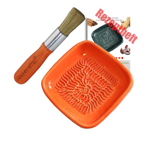 ANCKERAMIC® Ceramico Reibeteller & Backpinsel mit Naturborsten, Set aus Keramik für Knoblauch, Ingwer, Muskat, Handmade (Orange/Orange) von ANCKERAMIC