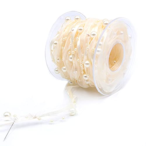 ANCLLO 10M Künstliche Perlenband Chiffon-Band und Organza-Spitze-Band-Ordnungen für Hochzeits-Blumen-Weihnachtsbaum-Dekoration Nähen Handwerk Verpackung (Beige) von ANCLLO