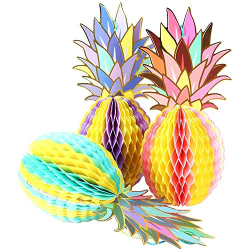 ANCLLO 3 Stück bunte Papier-Ananas-Waben-Hängedekoration für tropische Hawaiianische Partys, Gastgeschenke, Hochzeit, Heimdekoration,Tischdekoration von ANCLLO