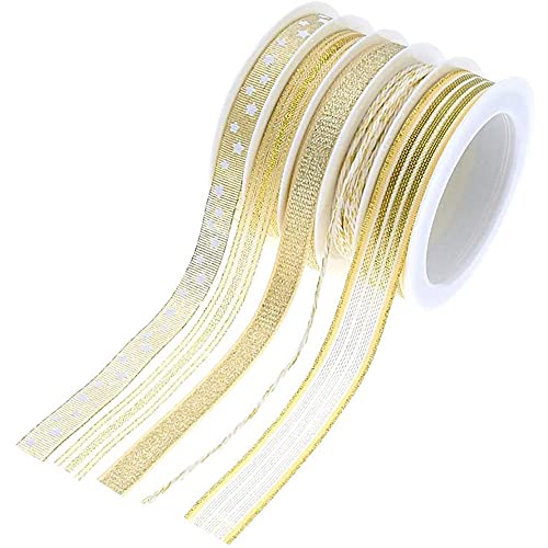 ANCLLO 5 Rollen Deko-Bänder, Geschenkband, Partystoff, Basteln, Geschenk, Glitzer, Metallic-Gold, Baumwolle, Festival, Geschenk, Design Dekorationen (5 m x 5 Rollen) von ANCLLO