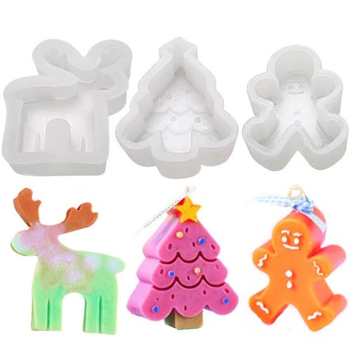 3 Stück Weihnachtsbaum Kerzenform, Lebkuchenmann Kerze Silikonform, Elch Kerze Silikonform, Weihnachtsbaum Kerze Silikonform Weihnachten DIY Silikon Kerzen Gießform für Duftkerzen, Seifen, Süßigkeiten von ANFUXT