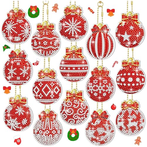 15 Stück Diamond Painting Weihnachten Anhänger, 5D Diamond Painting Weihnachten, Doppelseitige Diamant Painting, Weihnachten Diamond Painting Schlüsselanhänger für DIY Kit Weihnachtsbaum Deko von ANFUXT