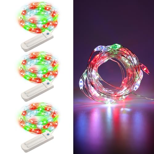 ANGMLN 3 Stück Lichterkette Weihnachten Batterie mit Timer, 2.5M 50 LED Rot Grün Weiß Innen Lichterketten Kupferdraht, Wasserdicht Weihnachtliche Lichterkette für Zimmer Garten Krüge Außen Dekoration von ANGMLN