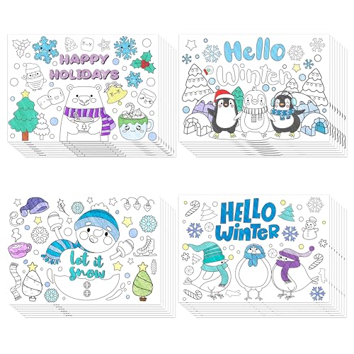 ANGOLIO Malvorlagen mit Aufschrift "Hello Winterszene" – 32 Stück Weihnachts-Malvorlagen für Kinder, Schneemann, Eisbär, Pinguin, Ausmalposter für Kinder, Winter, Weihnachten, Klassenzimmer, Zuhause, von ANGOLIO