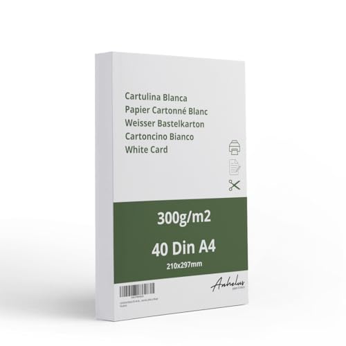 ANHELUS PAPER & DECO 40 Blatt Fotokarton A4 Weiß 300gr/m2 - Packung mit 40 Blatt 21x29,7cm Zeichenkarton - Druckerpapier 300g - Tonkarton zum Bedrucken, Ausschneiden, Malen und Zeichnen von ANHELUS PAPER & DECO