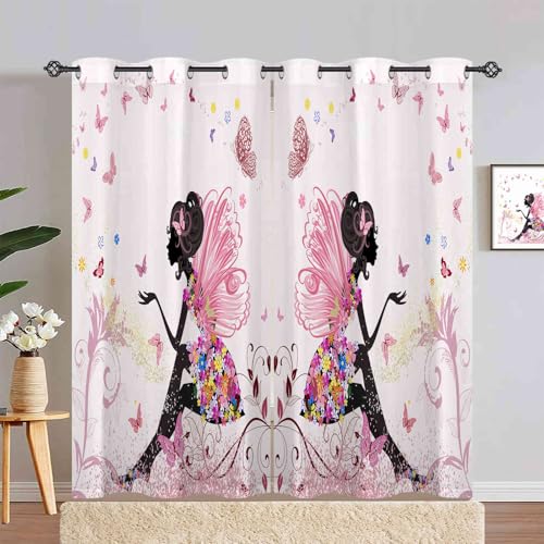 ANHOPE Blume Fee Schmetterling Verdunklungsvorhänge mit Ösen Blickdichte Gardinen Thermo Vorhänge Blackout Curtain Kinder Mädchen Wohnzimmer Schlafzimmer Vorhang 2er Set H 245 x B 200 cm von ANHOPE