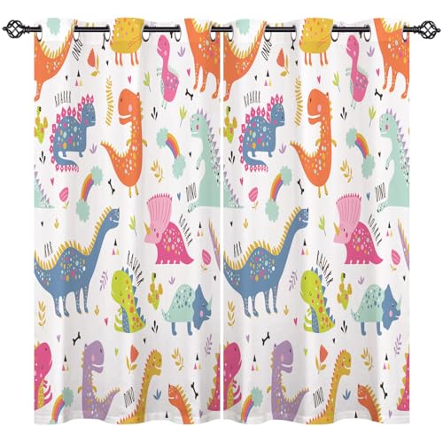 ANHOPE Bunte Cartoon Dinosaurier Verdunklungsvorhänge mit Ösen Thermo Vorhänge Blickdichte Gardinen Kinder Jungen Mädchen Blackout Curtain Wohnzimmer Schlafzimmer Vorhang 2er Set H 160 x B 77 cm von ANHOPE