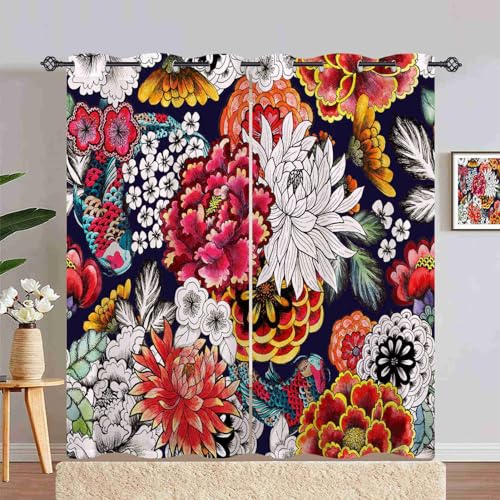 ANHOPE Bunte Japanisch Floral Fisch Blickdichte Gardinen mit Ösen Kinder Mädchen Thermo Vorhänge Wohnzimmer Schlafzimmer Verdunklungsvorhänge 2er Set H 245 x B 200 cm von ANHOPE