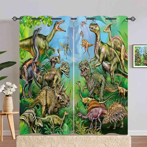 ANHOPE Dschungel Tier Dinosaurier Blickdichte Gardinen mit Ösen Kinder Jungen Mädchen Thermo Vorhänge Wohnzimmer Schlafzimmer Verdunklungsvorhänge 2er Set H 200 x B 140 cm von ANHOPE