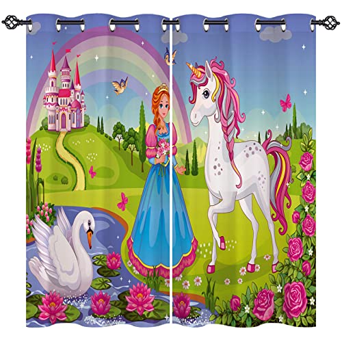 ANHOPE Einhorn Prinzessin Schloss Vorhänge mit Ösen Blickdichte Gardinen Blackout Curtain Thermo Vorhang Kinder Mädchen Schlafzimmer Wohnzimmer Verdunklungsvorhänge 2er Set H 138 x B 117 cm von ANHOPE