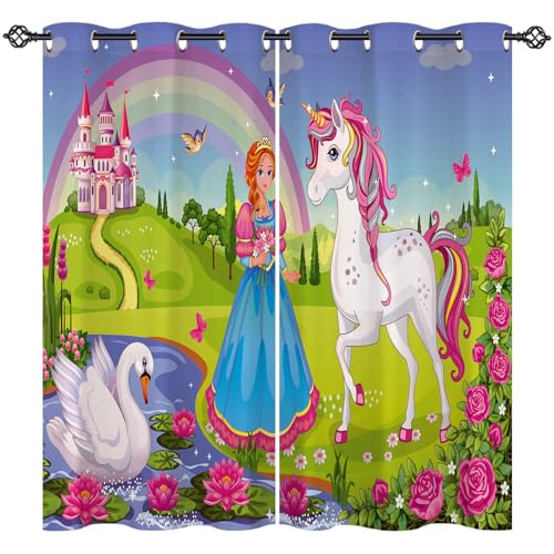 ANHOPE Einhorn Prinzessin Schloss Vorhänge mit Ösen Blickdichte Gardinen Blackout Curtain Thermo Vorhang Kinder Mädchen Schlafzimmer Wohnzimmer Verdunklungsvorhänge 2er Set H 138 x B 132 cm von ANHOPE