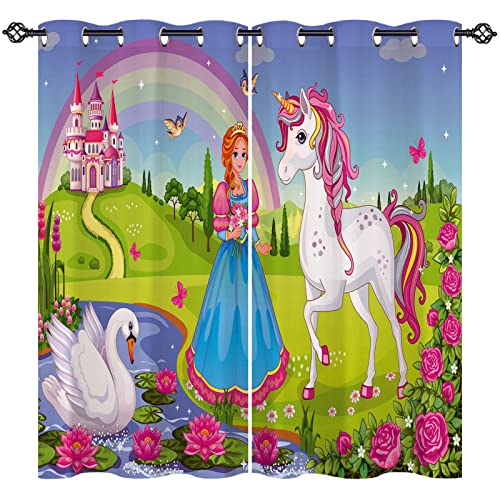 ANHOPE Einhorn Prinzessin Schloss Vorhänge mit Ösen Blickdichte Gardinen Blackout Curtain Thermo Vorhang Kinder Mädchen Schlafzimmer Wohnzimmer Verdunklungsvorhänge 2er Set H 138 x B 168 cm von ANHOPE