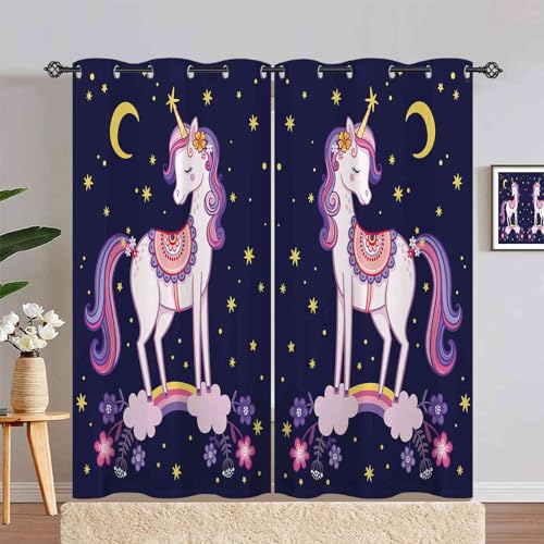 ANHOPE Einhorn Regenbogen Mond Stern Gardinen Blickdichte mit Ösen Kinder Mädchen Thermo Vorhänge Blackout Curtain Vorhang Wohnzimmer Schlafzimmer Verdunklungsvorhänge 2er Set H 245 x B 140 cm von ANHOPE