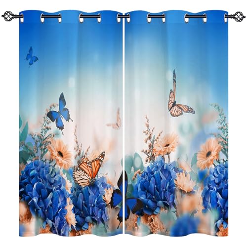 ANHOPE Gelb Blau Blume Schmetterling Vorhänge mit Ösen Blickdichte Gardinen Blackout Curtain Thermo Vorhang Kinder Mädchen Schlafzimmer Wohnzimmer Verdunklungsvorhänge 2er Set H 138 x B 168 cm von ANHOPE