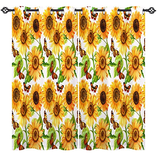 ANHOPE Gelb Sonnenblume Schmetterling Blickdichte Gardinen mit Ösen Thermo Vorhänge Kinder Mädchen Vorhang Blackout Curtain Wohnzimmer Schlafzimmer Verdunklungsvorhänge 2er Set H 138 x B 117 cm von ANHOPE