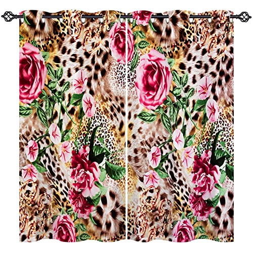 ANHOPE Geparden Leopard Streifen Blume Vorhänge mit Ösen Blickdichte Gardinen Blackout Curtain Thermo Vorhang Kinder Mädchen Schlafzimmer Wohnzimmer Verdunklungsvorhänge 2er Set H 160 x B 77 cm von ANHOPE