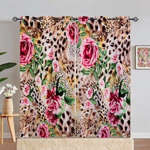 ANHOPE Geparden Leopard Streifen Blume Vorhänge mit Ösen Blickdichte Gardinen Blackout Curtain Thermo Vorhang Kinder Mädchen Schlafzimmer Wohnzimmer Verdunklungsvorhänge 2er Set H 245 x B 200 cm von ANHOPE