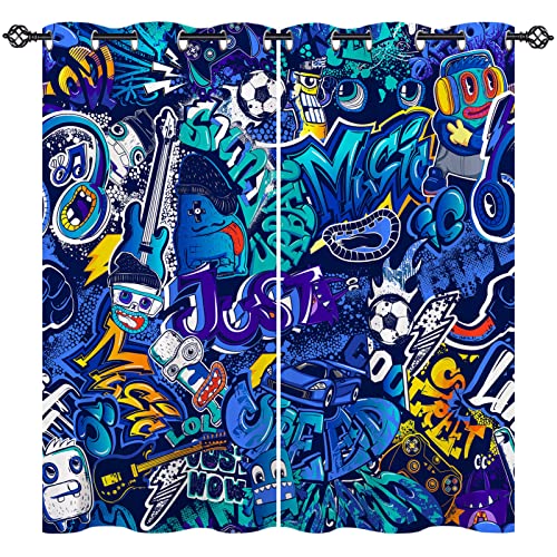 ANHOPE Graffiti Fußball Auto Gamepad Vorhänge mit Ösen Kinder Jungen Mädchen Gardinen Blickdichte Thermo Vorhang Blackout Curtain Schlafzimmer Wohnzimmer Verdunklungsvorhänge 2er Set H 138 x B 117 cm von ANHOPE